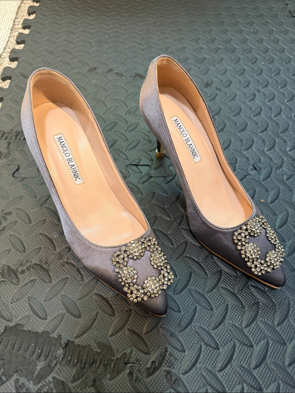 Manolo Blahnik Silver Satin Crystal-Embellished Pointed Toe Pumps